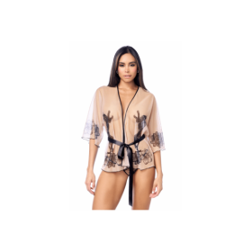 Peignoir sexy en résille imprimée transparente avec string 